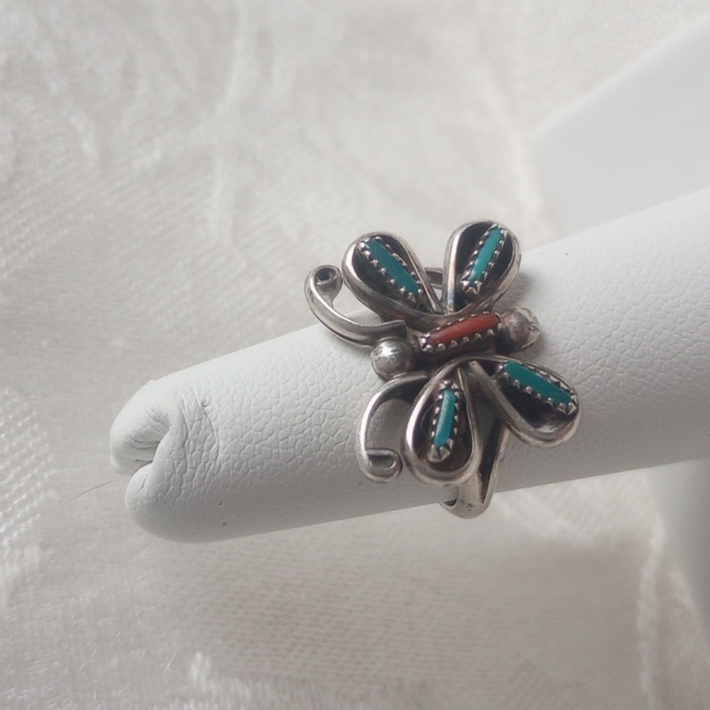 Southwestern Vintage Butterfly Ring Needle Turquoise Coral Sterling  Size 5